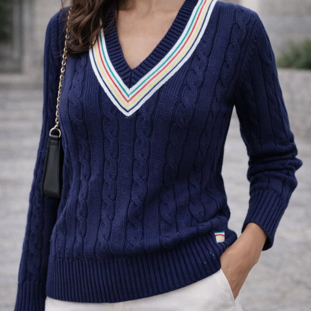 Hudson's Bay classic cotton v neck pull over sweater, EUC, long sleeve, Sz M,